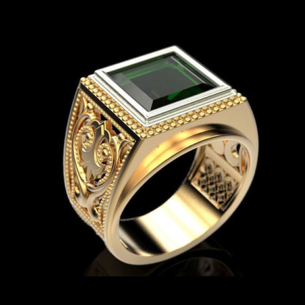 18 Kt  Yellow Gold Vintage Fine Jewelry Green CZ Men'S Ring Size 9-12