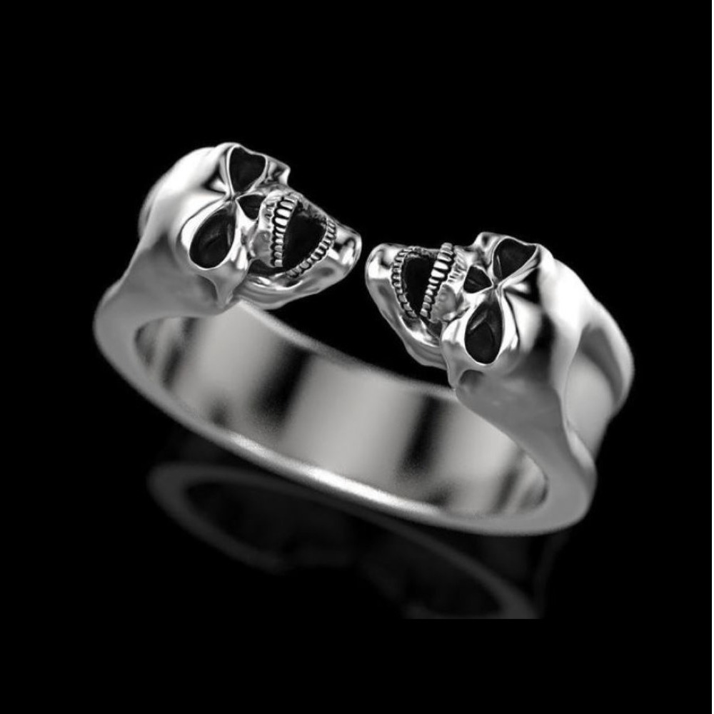 14 Kt Solid White Gold Fine Jewelry 2 Skeletons Antique Ring Size 7-12