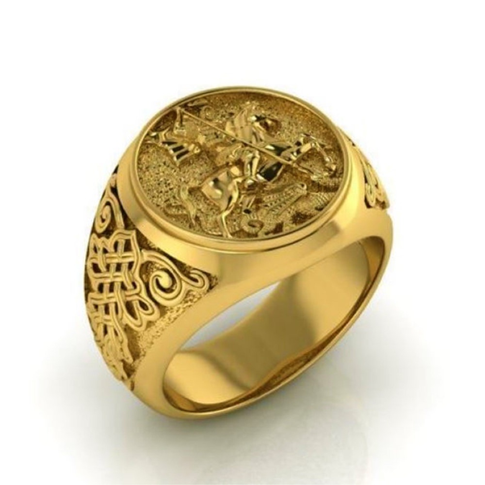 18 Kt Real Solid Yellow Gold St. George Fighting Dragon Ring Size 8-12