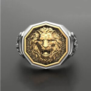 Fine Jewelry 18 Kt  White & Yellow Gold Lion Face Men'S Ring Size 9,10