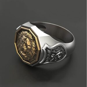 Fine Jewelry 18 Kt  White & Yellow Gold Lion Face Men'S Ring Size 9,10