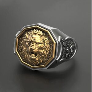 Fine Jewelry 18 Kt  White & Yellow Gold Lion Face Men'S Ring Size 9,10