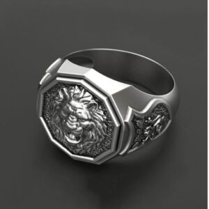 Fine Jewelry 18 Kt   White Gold Lion Face Men'S Wedding Ring Size 9,10