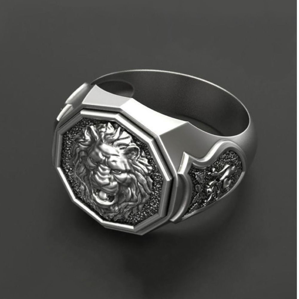 Fine Jewelry 18 Kt White Gold Lion Face Men'S Wedding Ring Size 9,10 - Image 4