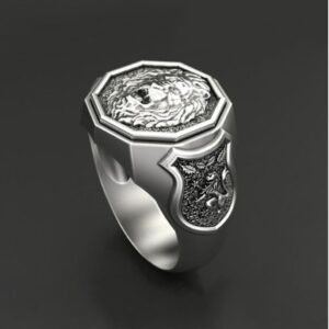 Fine Jewelry 18 Kt   White Gold Lion Face Men'S Wedding Ring Size 9,10