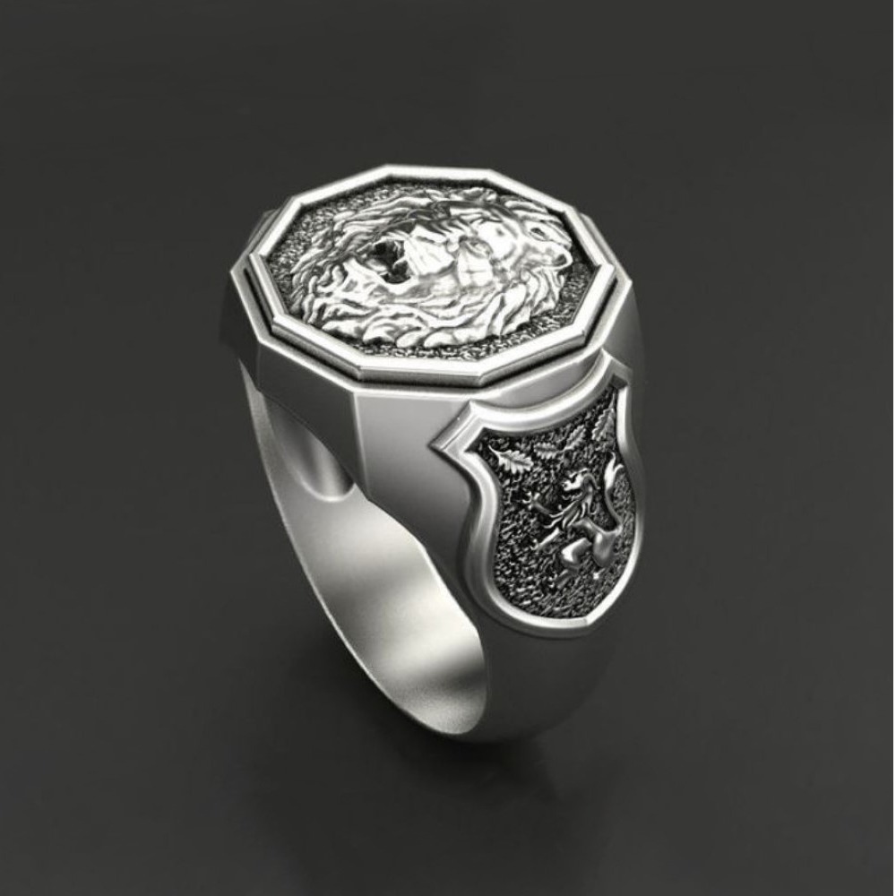 Fine Jewelry 18 Kt White Gold Lion Face Men'S Wedding Ring Size 9,10 - Image 3