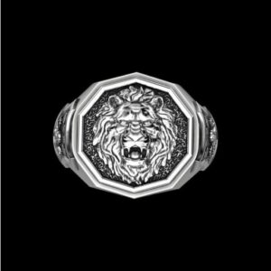 Fine Jewelry 18 Kt   White Gold Lion Face Men'S Wedding Ring Size 9,10