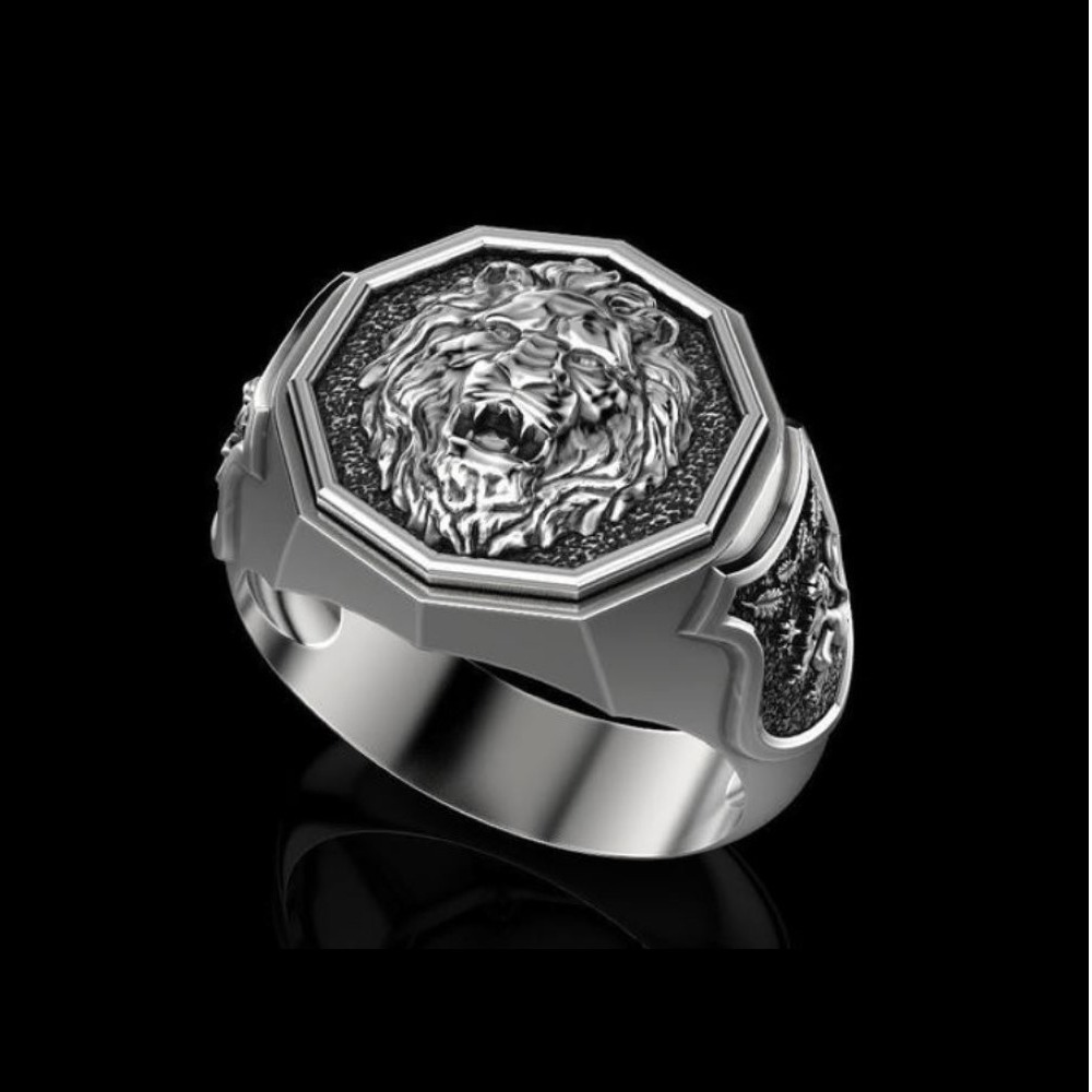 Fine Jewelry 18 Kt   White Gold Lion Face Men'S Wedding Ring Size 9,10