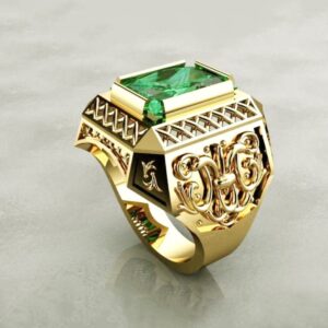 Fine Jewelry 18 Kt   Yellow Gold Green CZ Men'S Vintage Ring Size 9,10