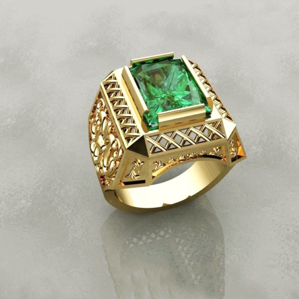 Fine Jewelry 18 Kt   Yellow Gold Green CZ Men'S Vintage Ring Size 9,10
