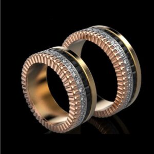 18K Yellow &  Rose Gold CZ & Onyx Stones His Her Love Couple Band Ring