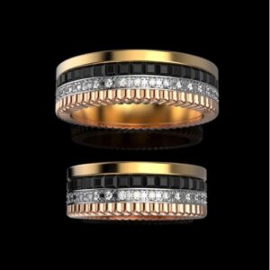 18K Yellow &  Rose Gold CZ & Onyx Stones His Her Love Couple Band Ring