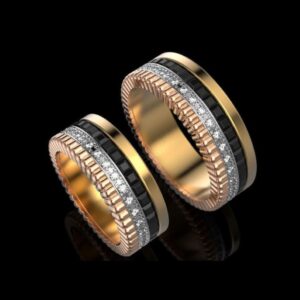 18K Yellow &  Rose Gold CZ & Onyx Stones His Her Love Couple Band Ring
