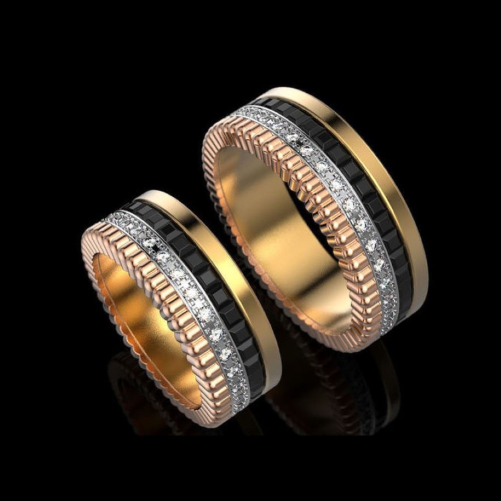 18K Yellow &  Rose Gold CZ & Onyx Stones His Her Love Couple Band Ring