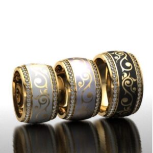 18 Kt  Yellow Gold CZ Stones His & Her Love Couple 3Pc Set Bands Rings