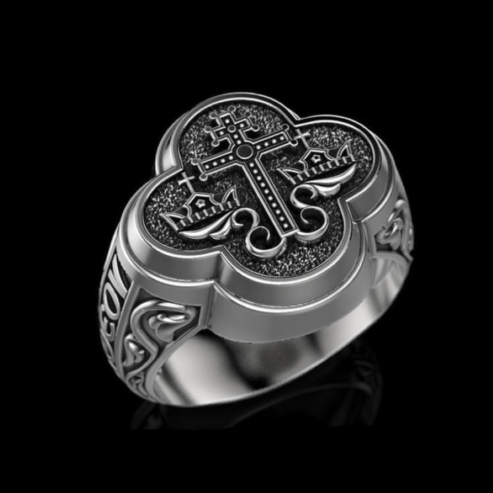 Fine Jewelry 14 Kt White Gold Jesus Cross Antique Men'S Ring Size 9-11
