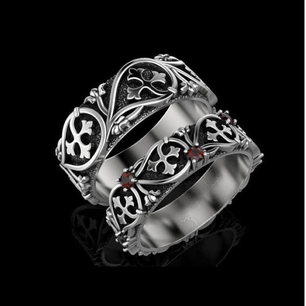 14 Kt   White Gold Ruby Stone His & Her Wedding Couple Bands 2Pc Rings