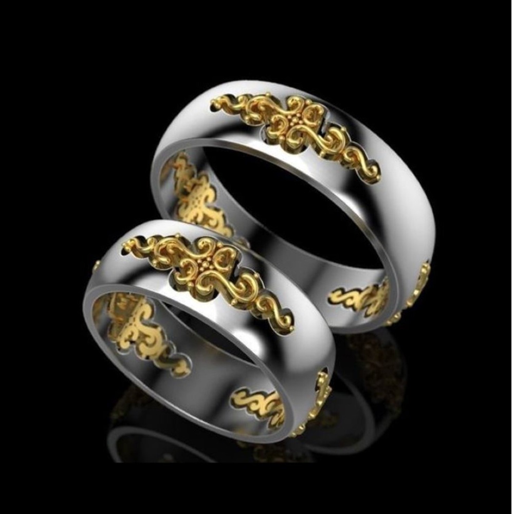 14 Kt   White & Yellow Gold His & Her Wedding Couple Bands 2Pc Rings