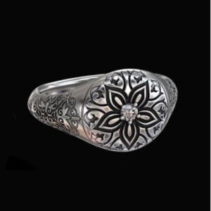 Fine Jewelry 14 Kt  White Gold Flower CZ Antique Men'S Ring Size 9-12