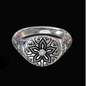 Fine Jewelry 14 Kt  White Gold Flower CZ Antique Men'S Ring Size 9-12