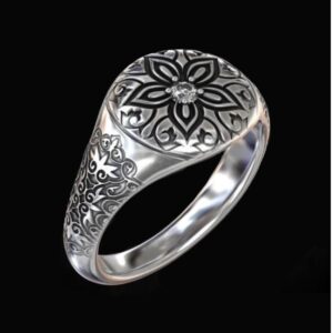 Fine Jewelry 14 Kt  White Gold Flower CZ Antique Men'S Ring Size 9-12