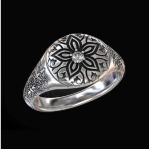 Fine Jewelry 14 Kt  White Gold Flower CZ Antique Men'S Ring Size 9-12