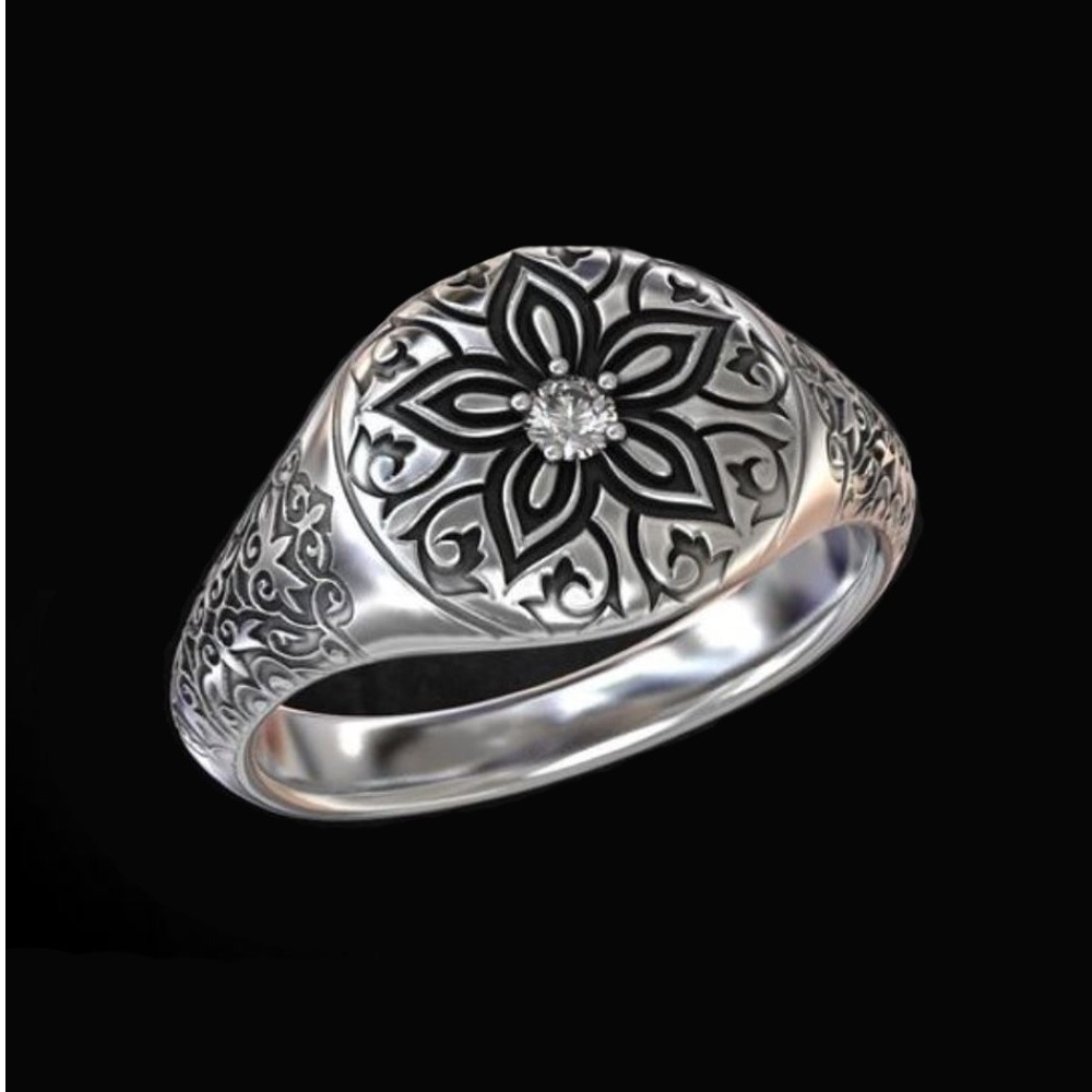 Fine Jewelry 14 Kt  White Gold Flower CZ Antique Men'S Ring Size 9-12