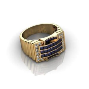 Fine Jewelry 18 Kt Yellow Gold Blue Sapphire & CZ Men'S Ring Size 9-11