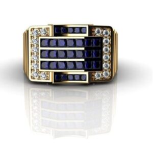 Fine Jewelry 18 Kt Yellow Gold Blue Sapphire & CZ Men'S Ring Size 9-11