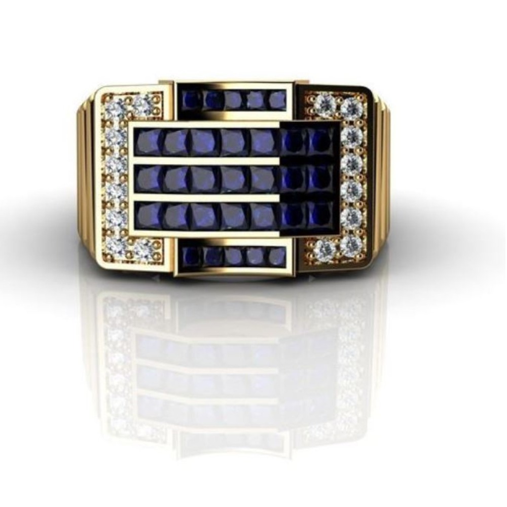 Fine Jewelry 18 Kt Yellow Gold Blue Sapphire & CZ Men'S Ring Size 9-11 - Image 2