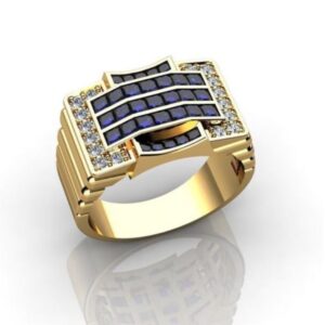 Fine Jewelry 18 Kt Yellow Gold Blue Sapphire & CZ Men'S Ring Size 9-11