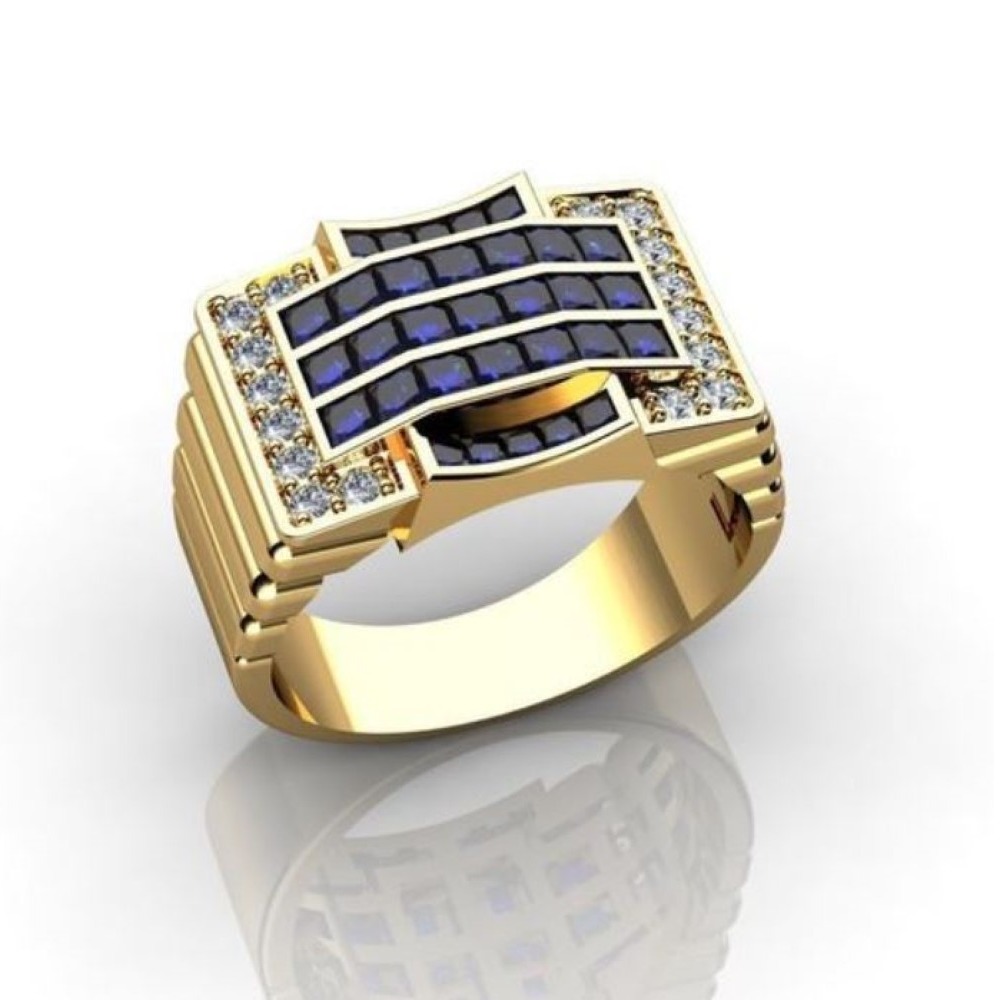 Fine Jewelry 18 Kt Yellow Gold Blue Sapphire & CZ Men'S Ring Size 9-11