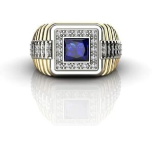 Fine Jewelry 18 Kt Yellow Gold Blue Sapphire & CZ Men'S Ring Size 9-11