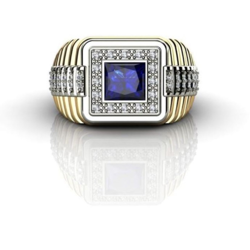 Fine Jewelry 18 Kt Yellow Gold Blue Sapphire & CZ Men'S Ring Size 9-11 - Image 4