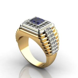 Fine Jewelry 18 Kt Yellow Gold Blue Sapphire & CZ Men'S Ring Size 9-11