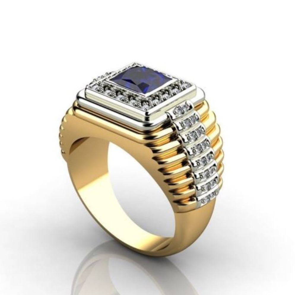Fine Jewelry 18 Kt Yellow Gold Blue Sapphire & CZ Men'S Ring Size 9-11 - Image 3
