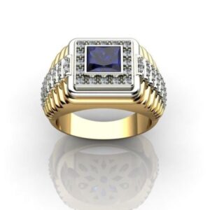 Fine Jewelry 18 Kt Yellow Gold Blue Sapphire & CZ Men'S Ring Size 9-11
