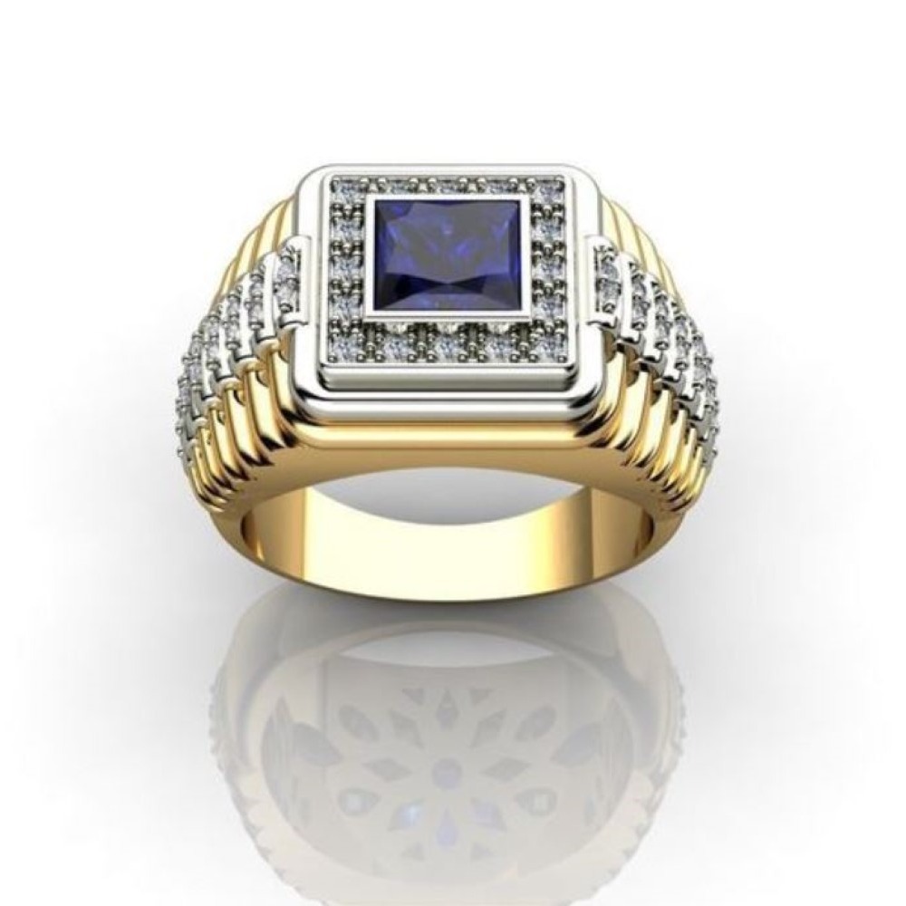 Fine Jewelry 18 Kt Yellow Gold Blue Sapphire & CZ Men'S Ring Size 9-11 - Image 2