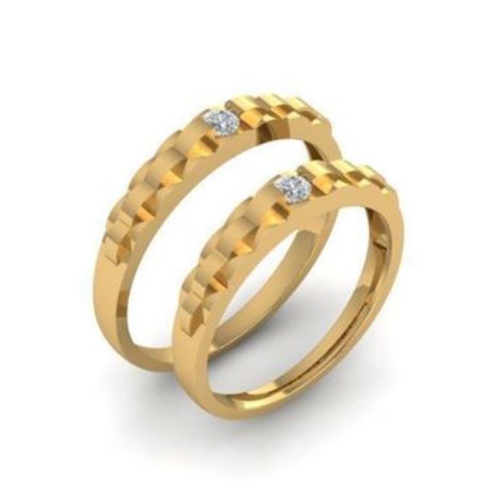 18 Kt   Yellow Gold CZ Stones His & Her Wedding Couple Band Rings 2 Pc