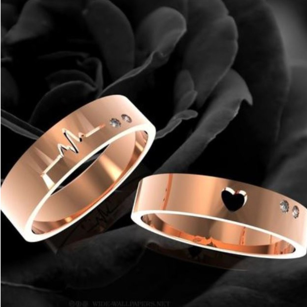 14 Kt  Rose Gold Heart & Heart Beat His & Her Wedding Couple Bands 2Pc