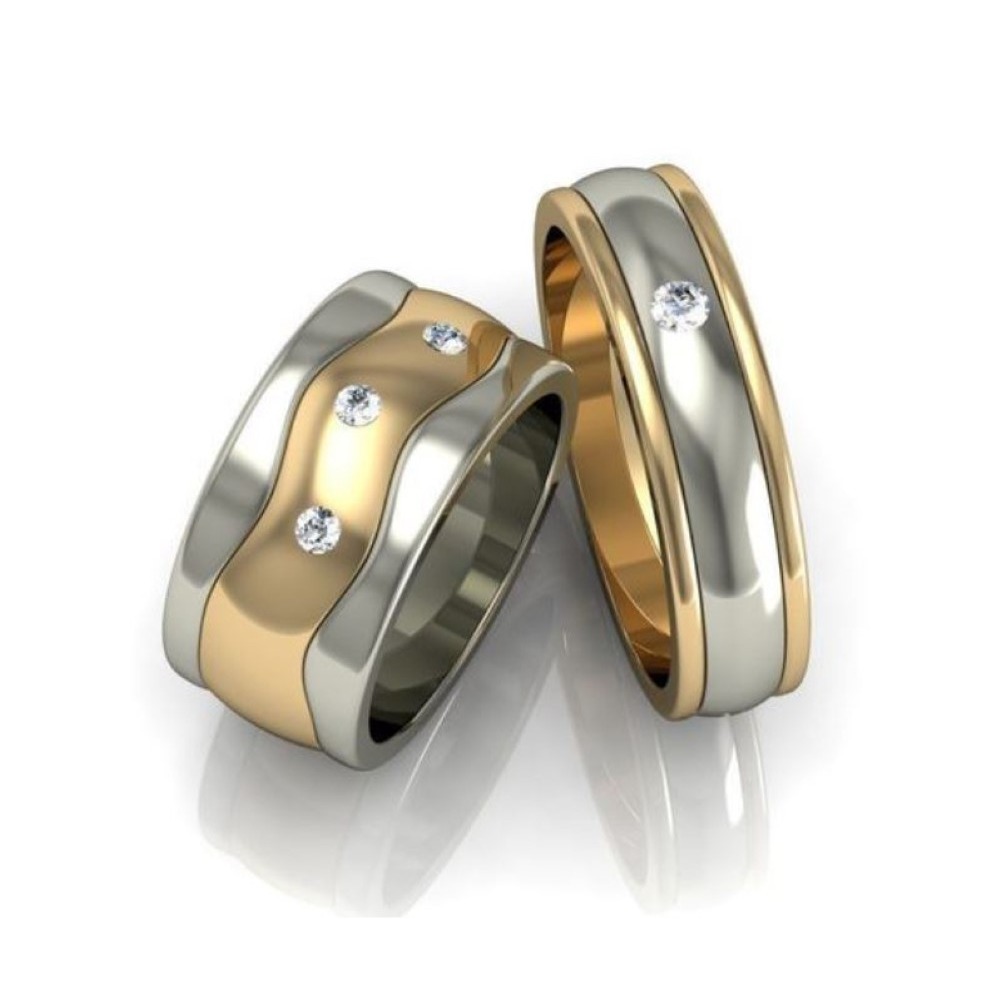 14 Kt   Yellow & White Gold CZ His & Her Couple Wedding Bands 2 Pcs