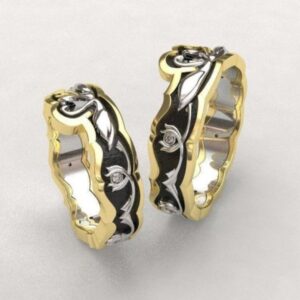 14 Kt   Yellow & White Gold Swans His & Her Couple Wedding Bands 2 Pcs