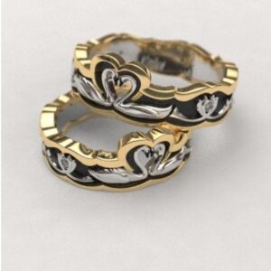 14 Kt   Yellow & White Gold Swans His & Her Couple Wedding Bands 2 Pcs