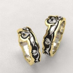 14 Kt   Yellow & White Gold Swans His & Her Couple Wedding Bands 2 Pcs