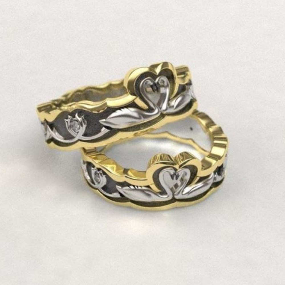 14 Kt   Yellow & White Gold Swans His & Her Couple Wedding Bands 2 Pcs
