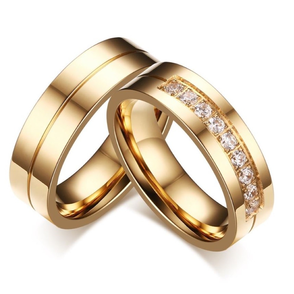 18 Kt   Yellow Gold CZ Stones His & Her Wedding Couple Band Rings 2 Pc