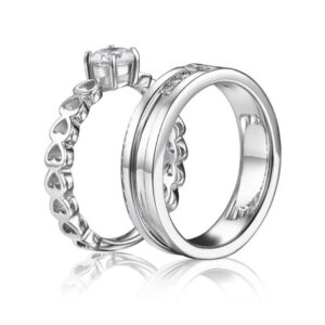 14 Kt   White Gold CZ Heart His & Her Wedding Couple Bands 2 Pcs Rings