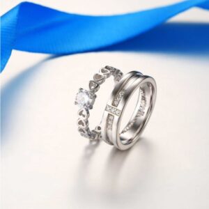 14 Kt   White Gold CZ Heart His & Her Wedding Couple Bands 2 Pcs Rings