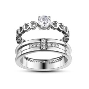 14 Kt   White Gold CZ Heart His & Her Wedding Couple Bands 2 Pcs Rings