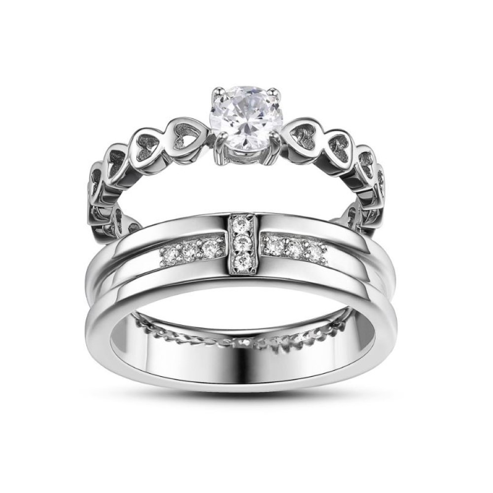 14 Kt   White Gold CZ Heart His & Her Wedding Couple Bands 2 Pcs Rings
